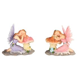 2-PC Fairy Sleeping on Mushroom 3"H Figurine Set Home Decor Gift
