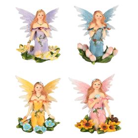 4-PC Fairy Sitting on Flower Bed 4"H Figurine Set Home Decor Gift