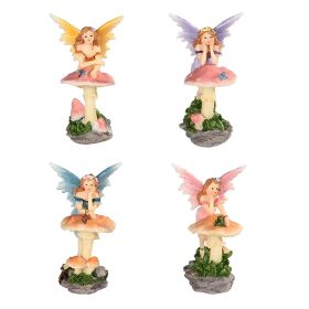 4-PC Fairy Leaning on Mushroom 4"H Figurine Set Home Decor Gift