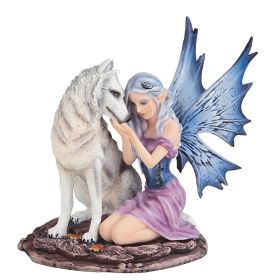 6.75"H Bleu and Purple Fairy with White Wolf Figurine Home Decor Gift